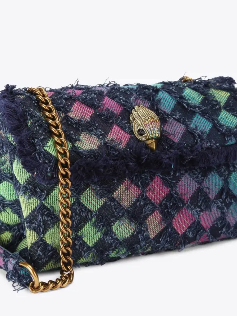 Kurt Geiger Fringed Multi-Tone denim Chain Crossbody Bag - Picture 8 of 11
